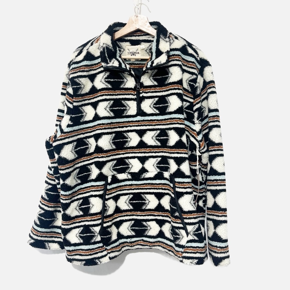 NWT Cotton & Rye Sherpa Fleece Top Pullover Black Multi 1/2 Zip Lined Size XXL
